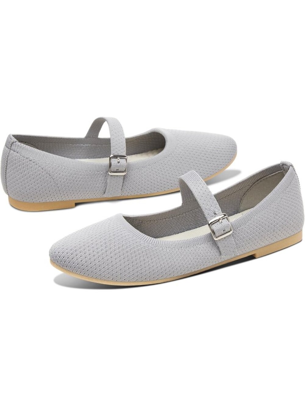 Women's Grey Knit Mary Jane Flats Breathable Mesh Strap Ballet Flats Soft